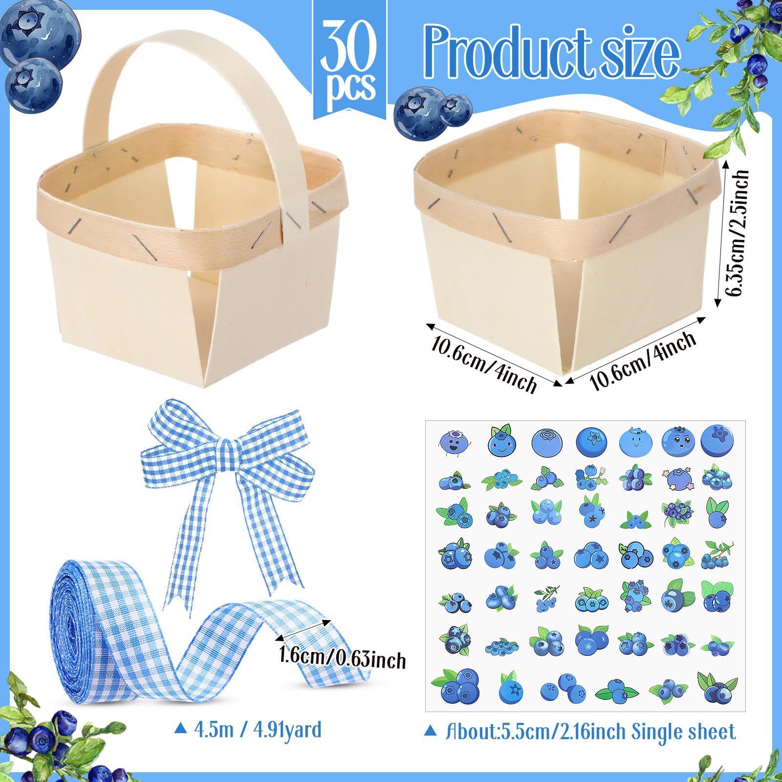 Seeloowy 77 Pcs/30 Sets One Pint Wood Berry Basket with Handle with Blueberry Stickers and Blue Gingham Ribbon 4 Small Gifts Bas